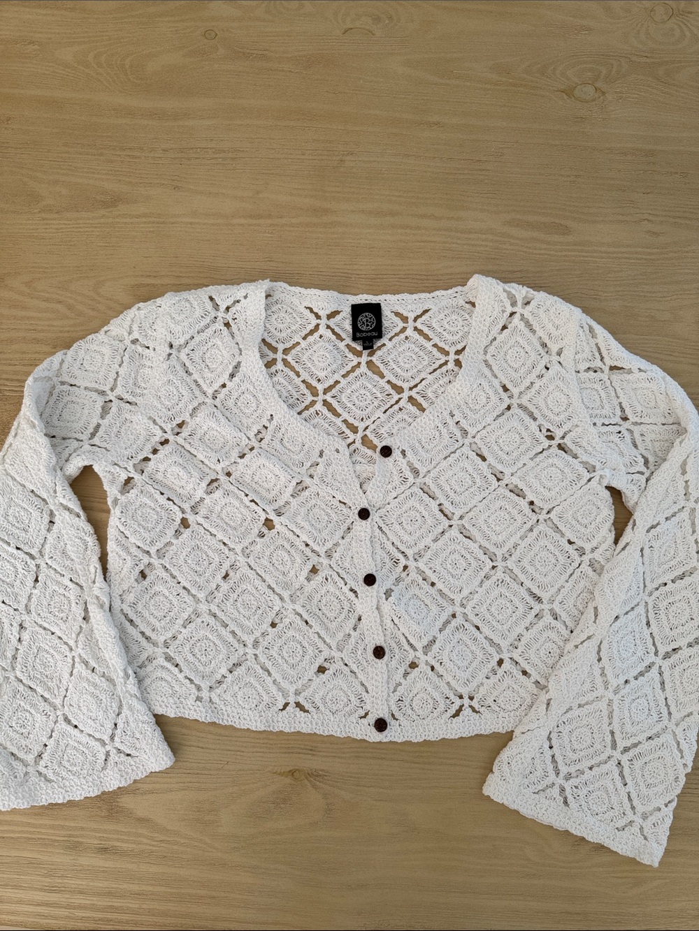 bobeau White Crochet Button-Front Women's Cardigan